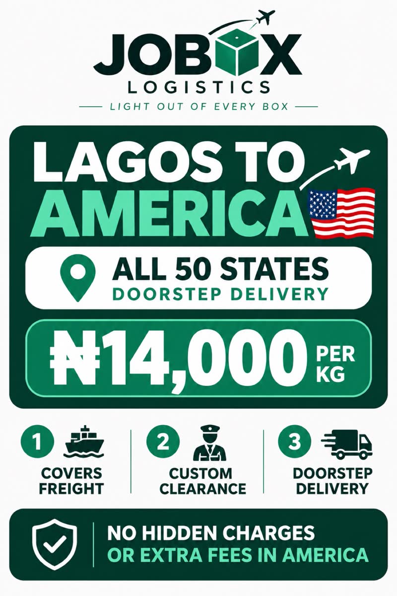JOBOX Lagos to America — doorstep delivery at 14,000 naira per kg, 11,000 naira per kg Maryland office pick-up